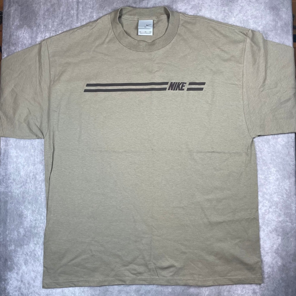 VTG Y2K Nike Mens XL Tan Racing Stripe Graphic T-Shirt Short Sleeve Crew Neck T